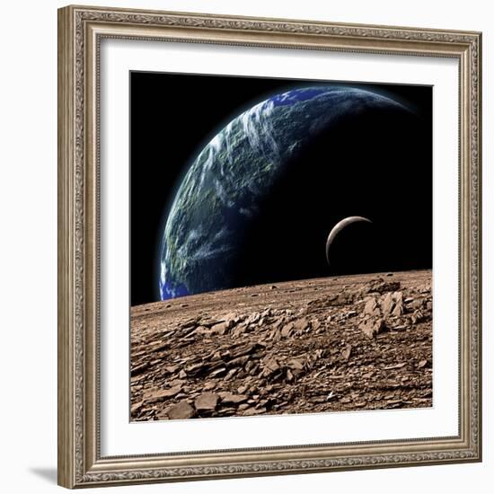 An Earth-Like Planet in Deep Space with an Orbiting Moon-null-Framed Art Print