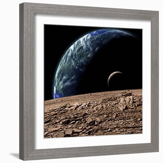 An Earth-Like Planet in Deep Space with an Orbiting Moon-null-Framed Art Print