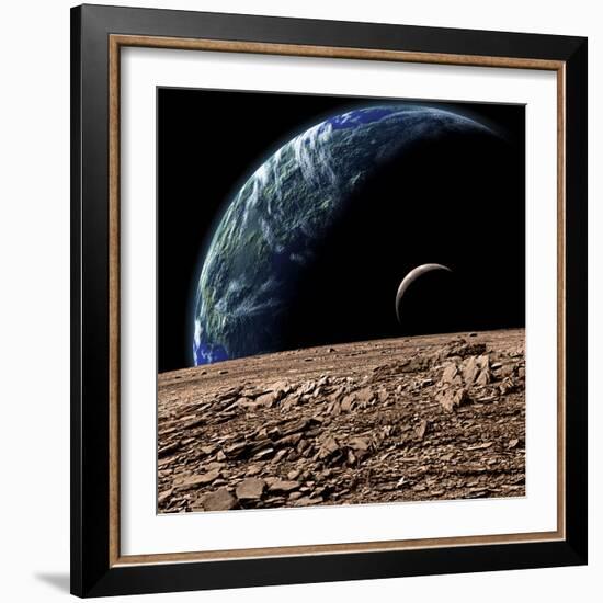 An Earth-Like Planet in Deep Space with an Orbiting Moon-null-Framed Art Print