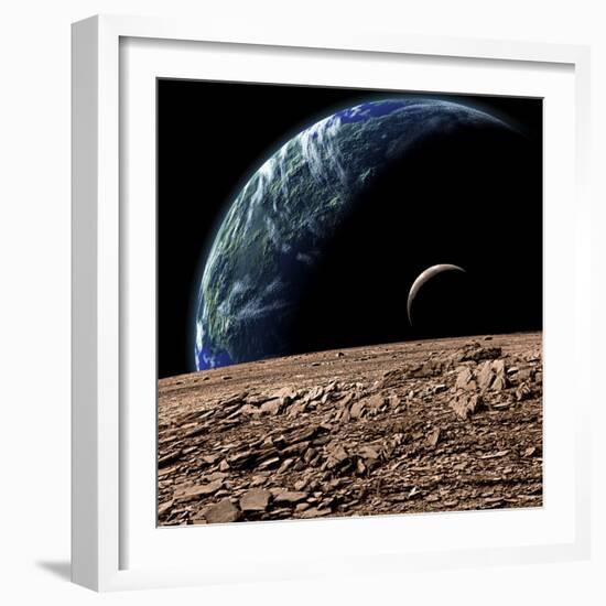 An Earth-Like Planet in Deep Space with an Orbiting Moon-null-Framed Art Print