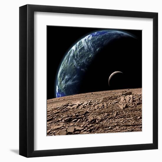 An Earth-Like Planet in Deep Space with an Orbiting Moon-null-Framed Art Print