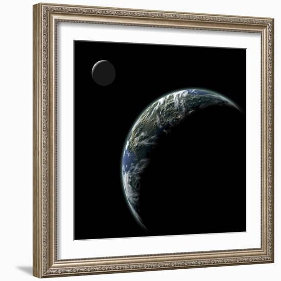 An Earth-Like Planet with an Orbiting Moon Illuminated by a Nearby Sun-null-Framed Art Print