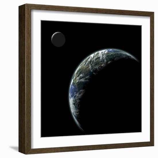 An Earth-Like Planet with an Orbiting Moon Illuminated by a Nearby Sun-null-Framed Art Print