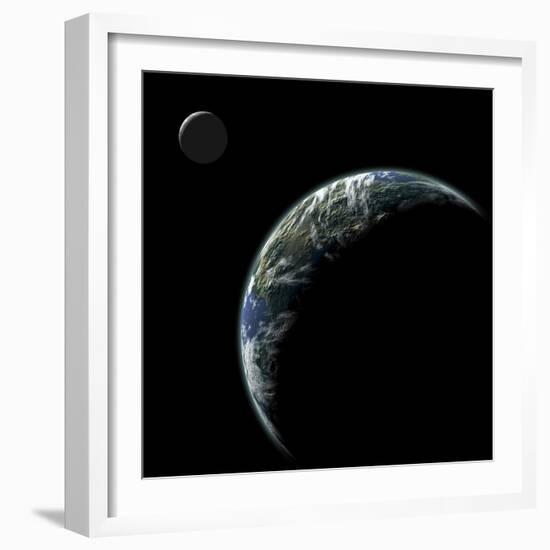 An Earth-Like Planet with an Orbiting Moon Illuminated by a Nearby Sun-null-Framed Art Print