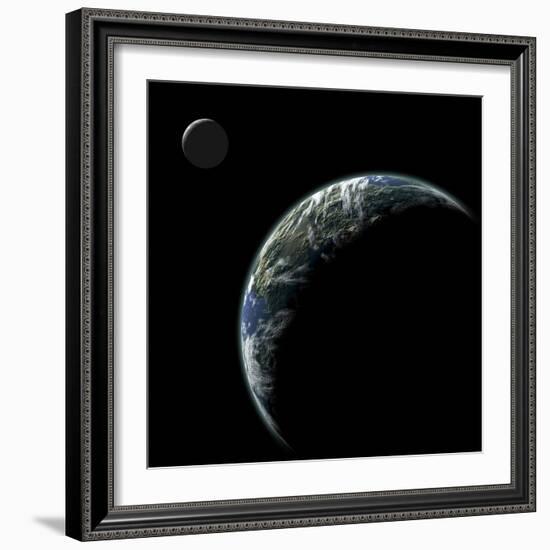 An Earth-Like Planet with an Orbiting Moon Illuminated by a Nearby Sun-null-Framed Art Print