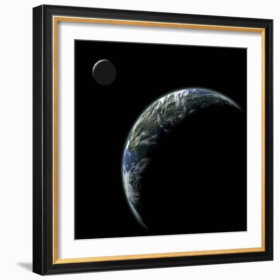 An Earth-Like Planet with an Orbiting Moon Illuminated by a Nearby Sun-null-Framed Art Print