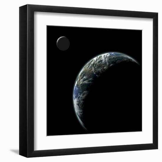 An Earth-Like Planet with an Orbiting Moon Illuminated by a Nearby Sun-null-Framed Art Print