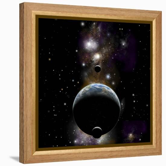 An Earth Type World with Two Moons Against a Background of Nebula and Stars-null-Framed Stretched Canvas