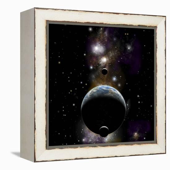 An Earth Type World with Two Moons Against a Background of Nebula and Stars-null-Framed Stretched Canvas