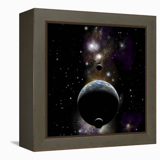 An Earth Type World with Two Moons Against a Background of Nebula and Stars-null-Framed Stretched Canvas