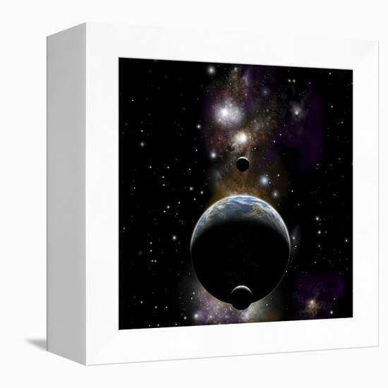 An Earth Type World with Two Moons Against a Background of Nebula and Stars-null-Framed Stretched Canvas