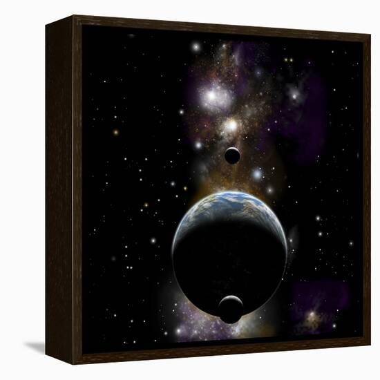 An Earth Type World with Two Moons Against a Background of Nebula and Stars-null-Framed Stretched Canvas