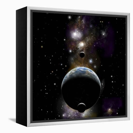 An Earth Type World with Two Moons Against a Background of Nebula and Stars-null-Framed Stretched Canvas