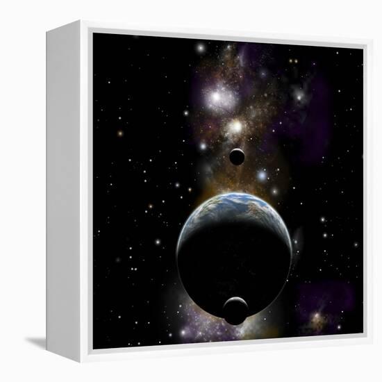 An Earth Type World with Two Moons Against a Background of Nebula and Stars-null-Framed Stretched Canvas