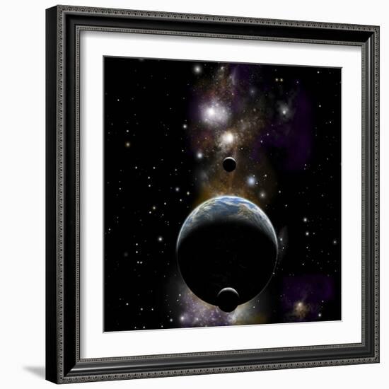 An Earth Type World with Two Moons Against a Background of Nebula and Stars-null-Framed Premium Giclee Print