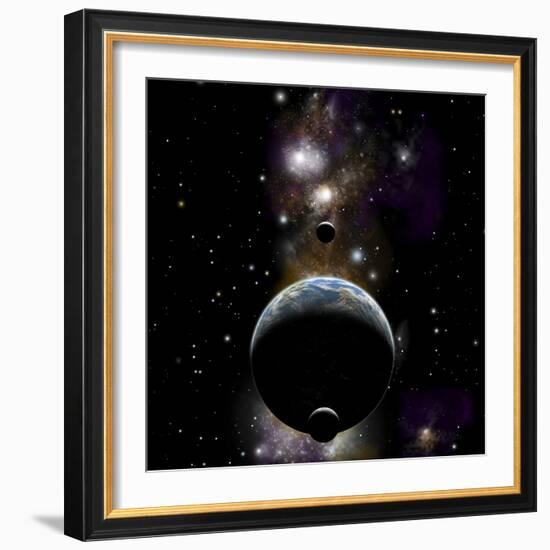 An Earth Type World with Two Moons Against a Background of Nebula and Stars-null-Framed Premium Giclee Print