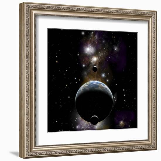 An Earth Type World with Two Moons Against a Background of Nebula and Stars-null-Framed Art Print