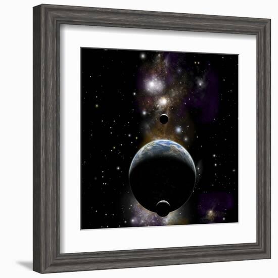 An Earth Type World with Two Moons Against a Background of Nebula and Stars-null-Framed Art Print