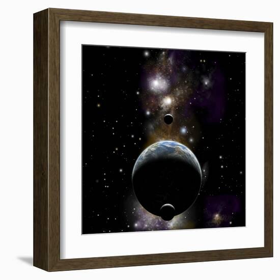 An Earth Type World with Two Moons Against a Background of Nebula and Stars-null-Framed Art Print