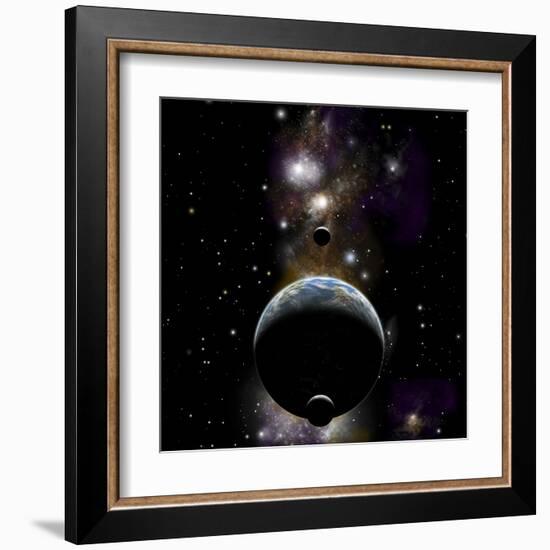 An Earth Type World with Two Moons Against a Background of Nebula and Stars-null-Framed Art Print