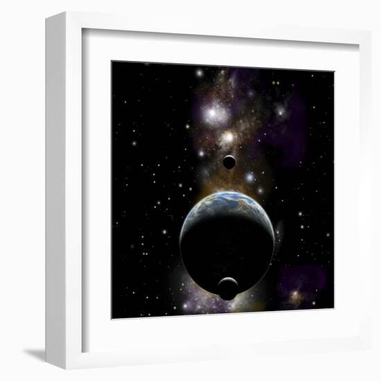 An Earth Type World with Two Moons Against a Background of Nebula and Stars-null-Framed Art Print