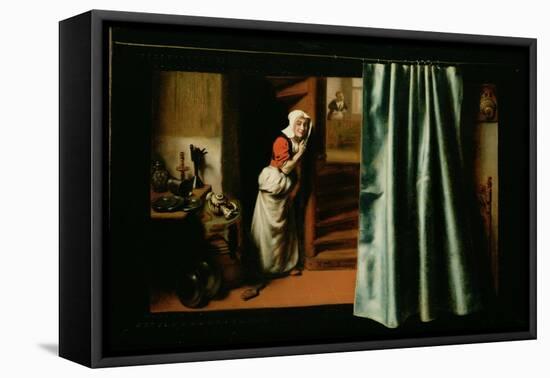 An Eavesdropper with a Woman Scolding, 1655-Nicholaes Maes-Framed Premier Image Canvas