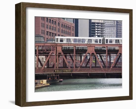 An El Train on the Elevated Train System Crossing Wells Street Bridge, Chicago, Illinois, USA-Amanda Hall-Framed Photographic Print