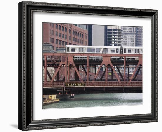 An El Train on the Elevated Train System Crossing Wells Street Bridge, Chicago, Illinois, USA-Amanda Hall-Framed Photographic Print