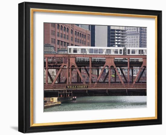 An El Train on the Elevated Train System Crossing Wells Street Bridge, Chicago, Illinois, USA-Amanda Hall-Framed Photographic Print