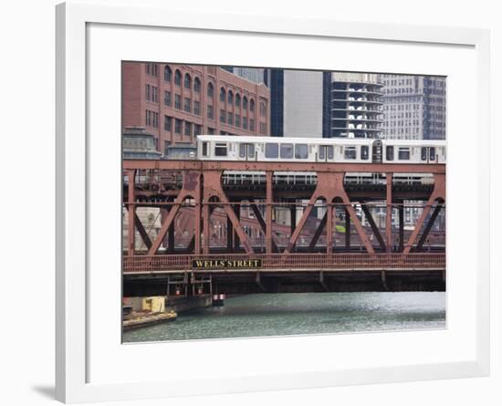 An El Train on the Elevated Train System Crossing Wells Street Bridge, Chicago, Illinois, USA-Amanda Hall-Framed Photographic Print