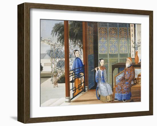 An Elderly Gentleman Listening to a Flautist in an Interior, Chinese School, Mid 19th Century-null-Framed Giclee Print