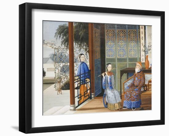 An Elderly Gentleman Listening to a Flautist in an Interior, Chinese School, Mid 19th Century-null-Framed Giclee Print