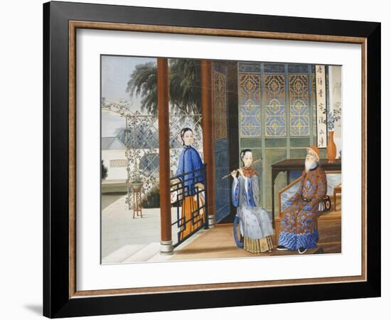 An Elderly Gentleman Listening to a Flautist in an Interior, Chinese School, Mid 19th Century-null-Framed Giclee Print