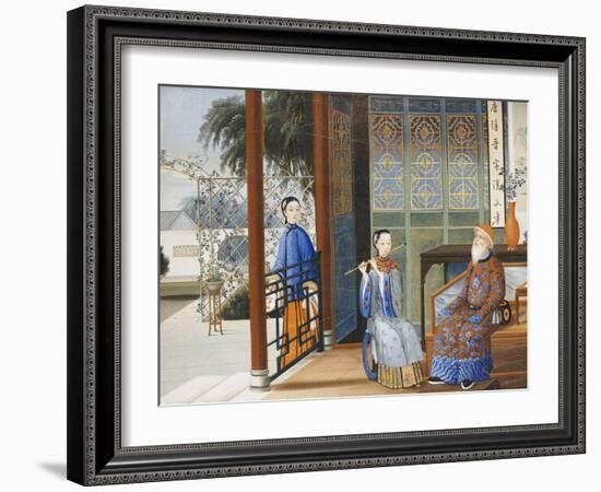 An Elderly Gentleman Listening to a Flautist in an Interior, Chinese School, Mid 19th Century-null-Framed Giclee Print