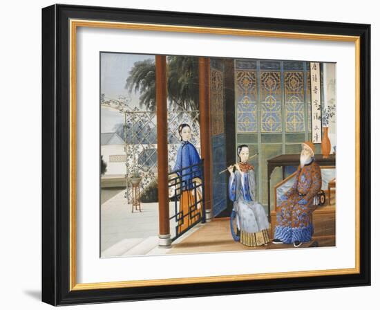 An Elderly Gentleman Listening to a Flautist in an Interior, Chinese School, Mid 19th Century-null-Framed Giclee Print