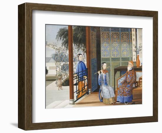 An Elderly Gentleman Listening to a Flautist in an Interior, Chinese School, Mid 19th Century-null-Framed Giclee Print