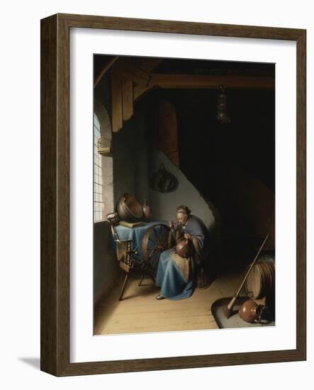 An Elderly Woman at Her Spinning Wheel, Eating Porridge Par Dou, Gerard (Gerrit) (1613-1675). Oil O-Gerrit or Gerard Dou-Framed Giclee Print