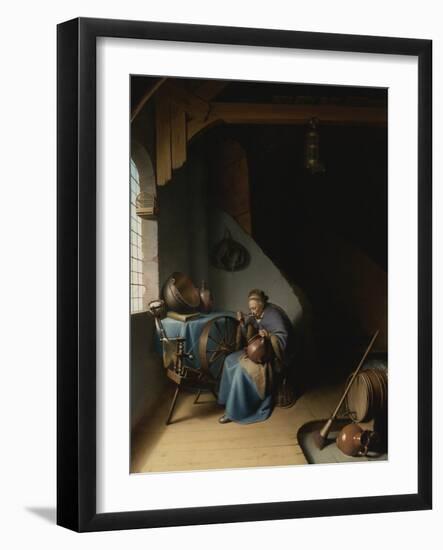 An Elderly Woman at Her Spinning Wheel, Eating Porridge Par Dou, Gerard (Gerrit) (1613-1675). Oil O-Gerrit or Gerard Dou-Framed Giclee Print