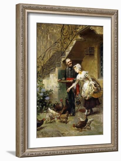 An Elegant Couple Feeding Chickens in a Courtyard-Giacomo Mantegazza-Framed Giclee Print