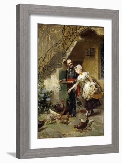 An Elegant Couple Feeding Chickens in a Courtyard-Giacomo Mantegazza-Framed Giclee Print