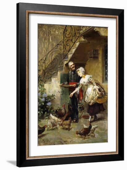 An Elegant Couple Feeding Chickens in a Courtyard-Giacomo Mantegazza-Framed Giclee Print