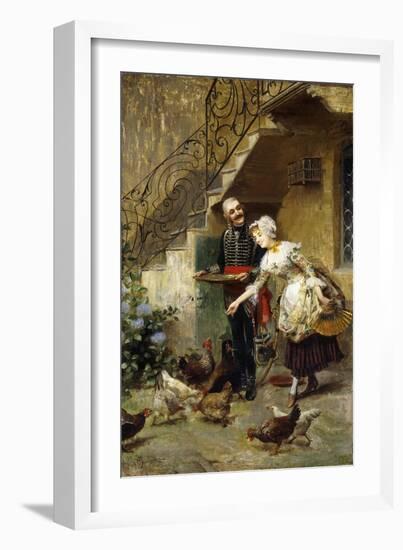 An Elegant Couple Feeding Chickens in a Courtyard-Giacomo Mantegazza-Framed Giclee Print