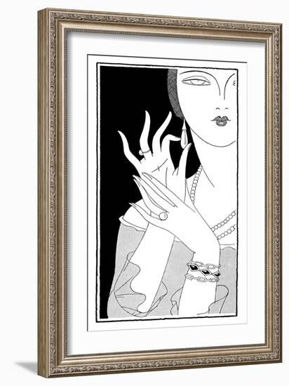 An Elegant Lady Shows off Her Jewellery: Earrings Necklace Rings and Bracelets-null-Framed Art Print