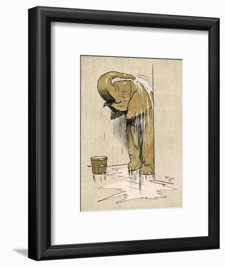 An Elephant Washing Itself with Water from a Bucket-null-Framed Art Print