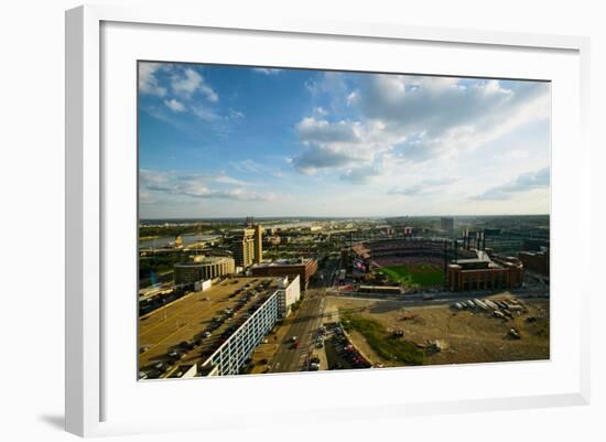 An elevated view of the third Busch Stadium and St. Louis, Missouri, where the Pittsburgh Pirate...-null-Framed Photographic Print