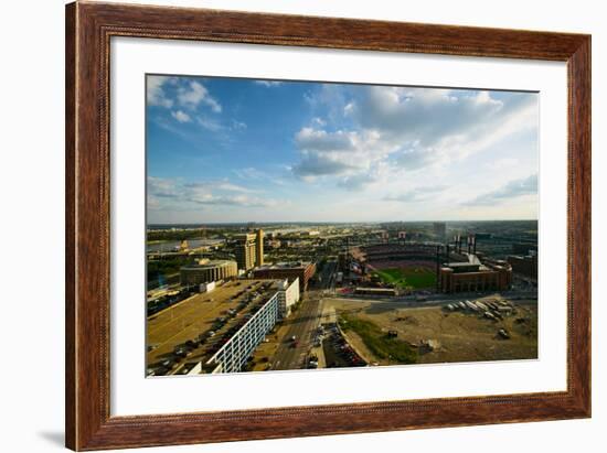 An elevated view of the third Busch Stadium and St. Louis, Missouri, where the Pittsburgh Pirate...-null-Framed Photographic Print