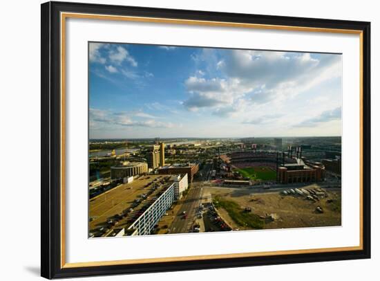 An elevated view of the third Busch Stadium and St. Louis, Missouri, where the Pittsburgh Pirate...-null-Framed Photographic Print