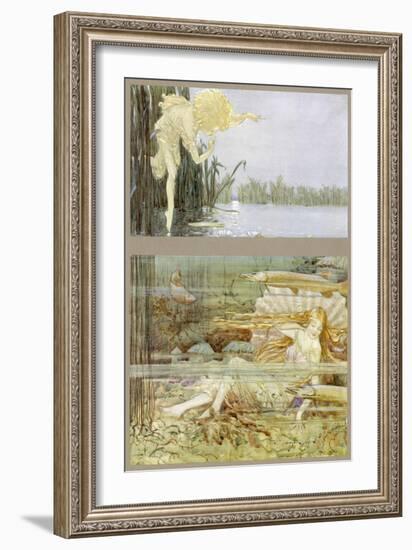 An Elf Peeps at a Lake-Spirit as She Relaxes Under the Surface-Leo Bates-Framed Art Print
