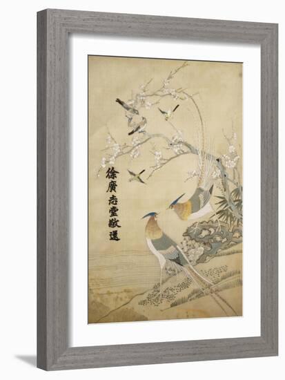 An Embroidered Picture, with Two Silver Pheasants in a Rocky Landscape with Plum Blossom and…-null-Framed Giclee Print