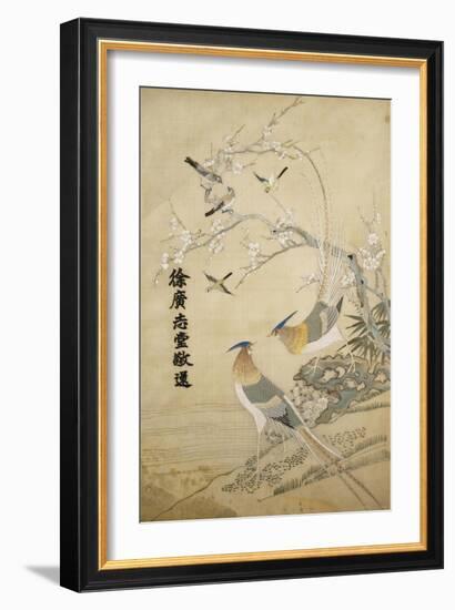 An Embroidered Picture, with Two Silver Pheasants in a Rocky Landscape with Plum Blossom and…-null-Framed Giclee Print